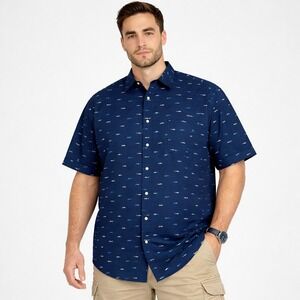 Nautica Nanotex Shark Print Stretch Button-Down Shirt 3XL Navy‎ NWT